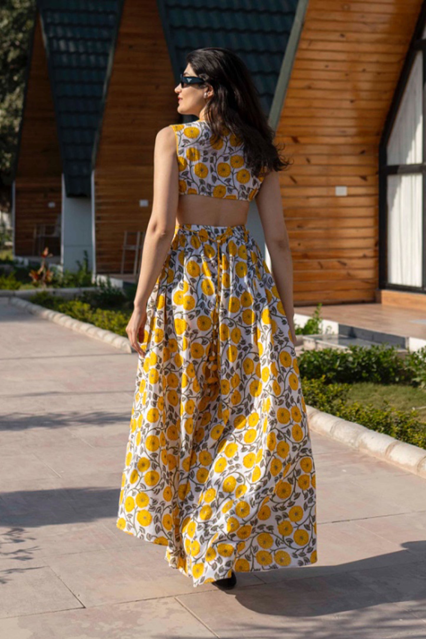 Canary Yellow Handblock Cut Out Dress With Tassels