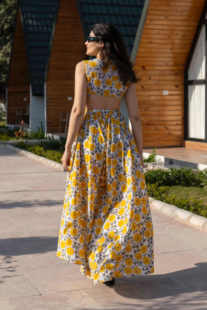 Canary Yellow Handblock Cut Out Dress With Tassels