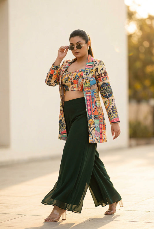 Jade Printed Sharara Set With Blazer