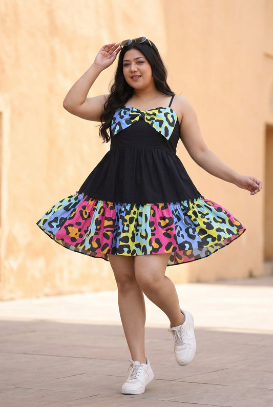 Leopard Bow Charm A-line Sleeveless Tier Dress