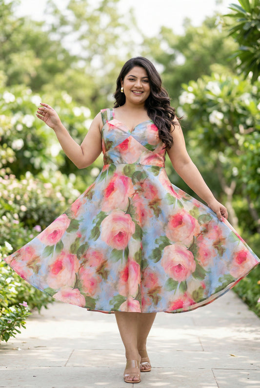 Vintage Rose Garden Mango Silk Midi Dress