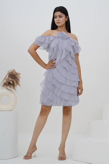 Hot Pink Ruffle Rose Off-Shoulder Dress