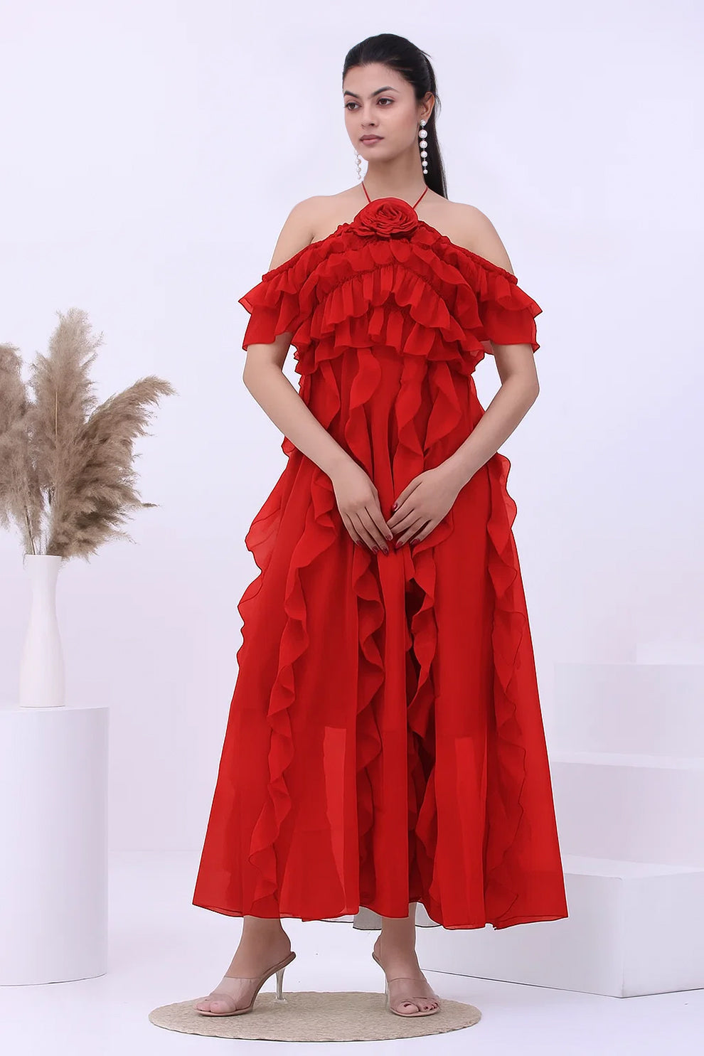 Frost Petal Ruffle Off-Shoulder Boho Maxi Dress