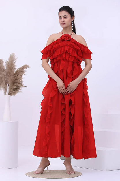 Marigold Ruffle Off-Shoulder Boho Maxi Dress