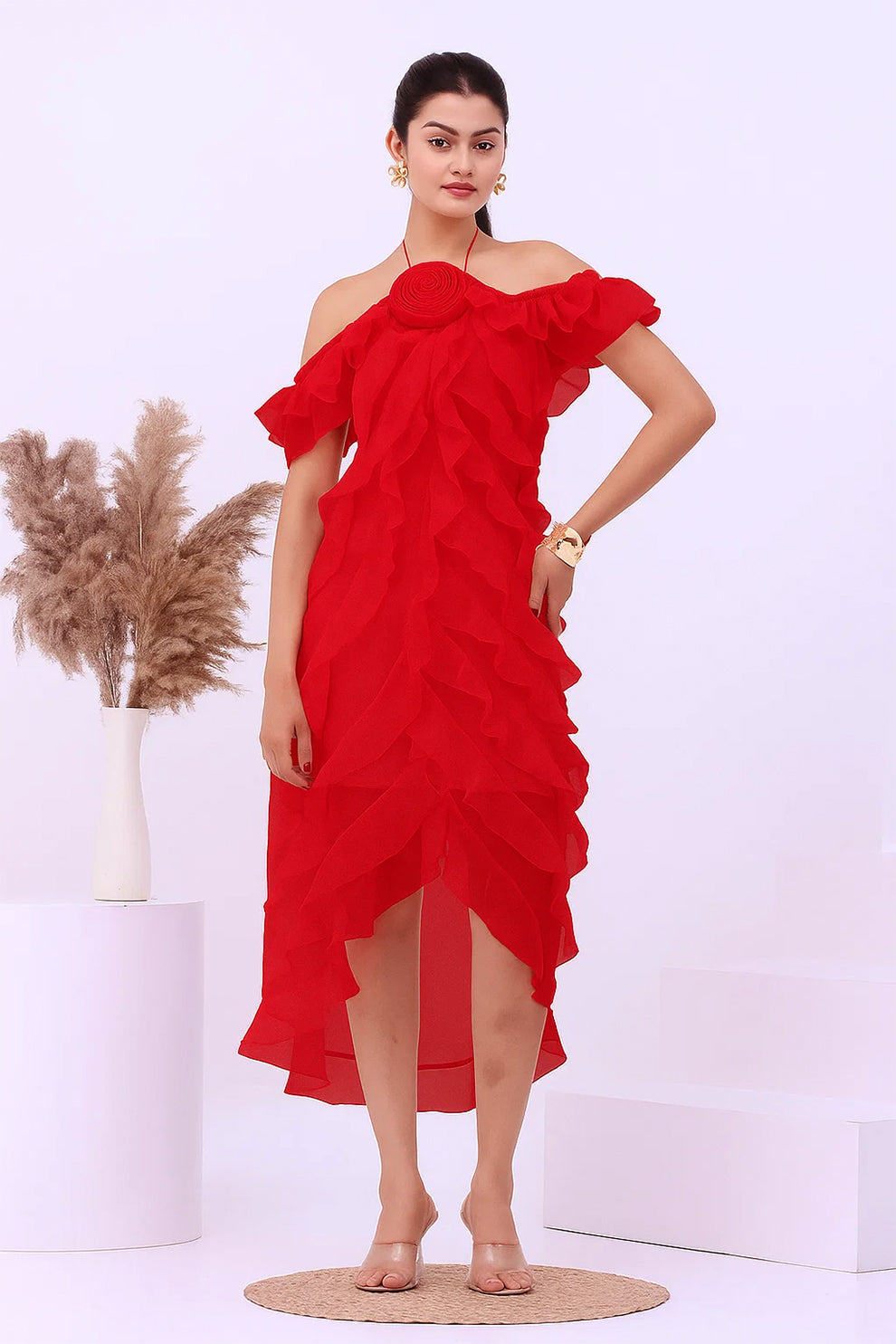 Blush Pink Off-Shoulder Ruffle Dress